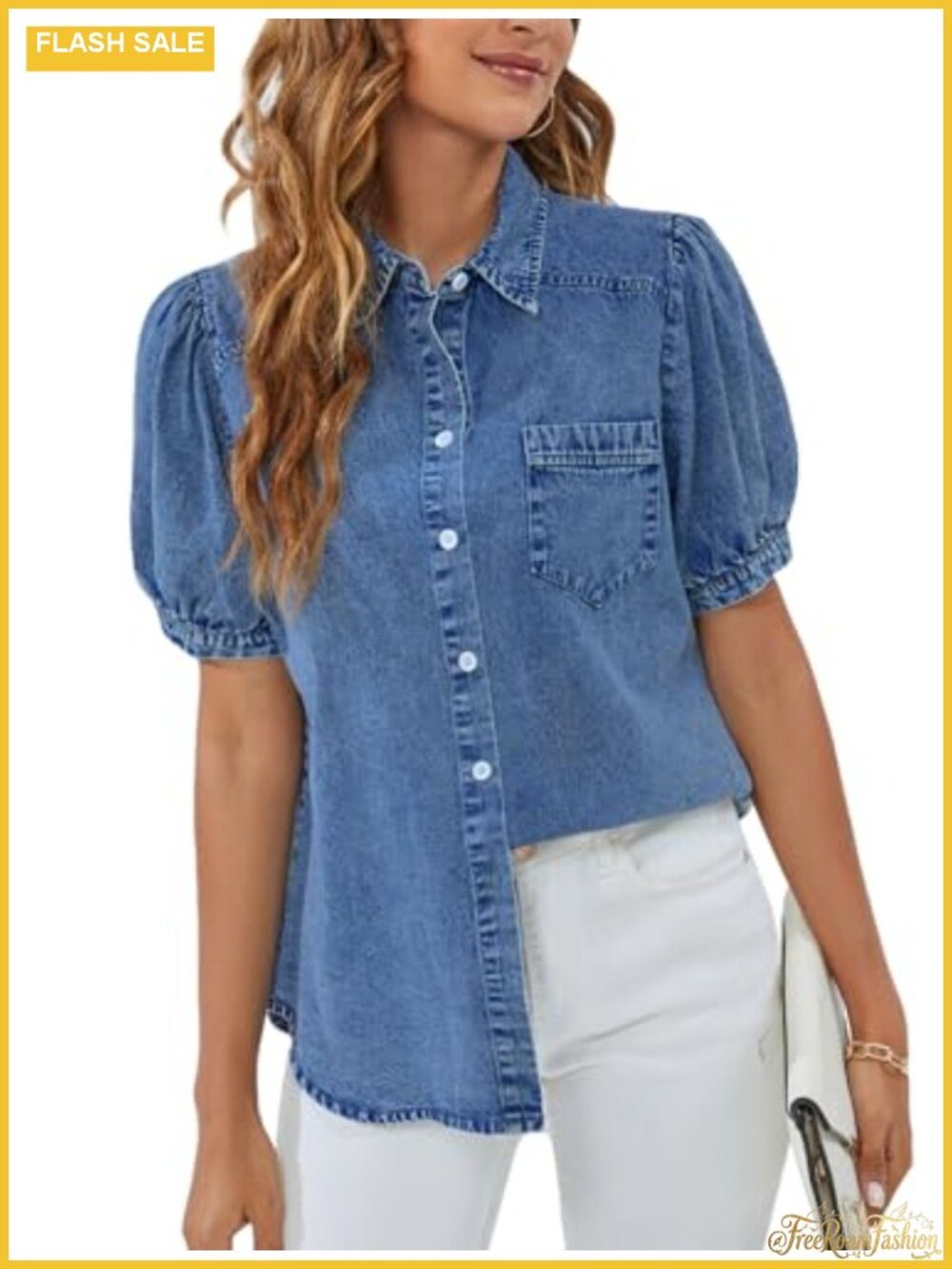Women's Denim Button Down Puff Sleeve Blouse Top Summer Office Fashion